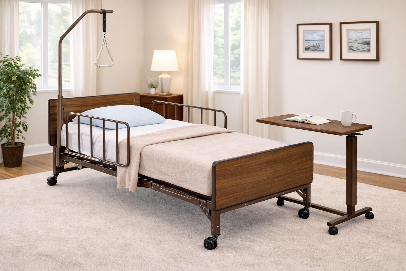 Full electric homecare bed in a comfortable home bedroom